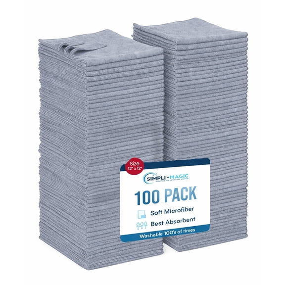 Simpli-Magic Multi-Purpose Microfiber Cleaning Cloth Wash Towels, Pack of 100 (12” x 12”), Choose Color