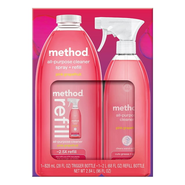 Method All Purpose Cleaner, Pink Grapefruit, 28 fl. oz. Spray Bottle + Refill, Total 96 fl. oz.