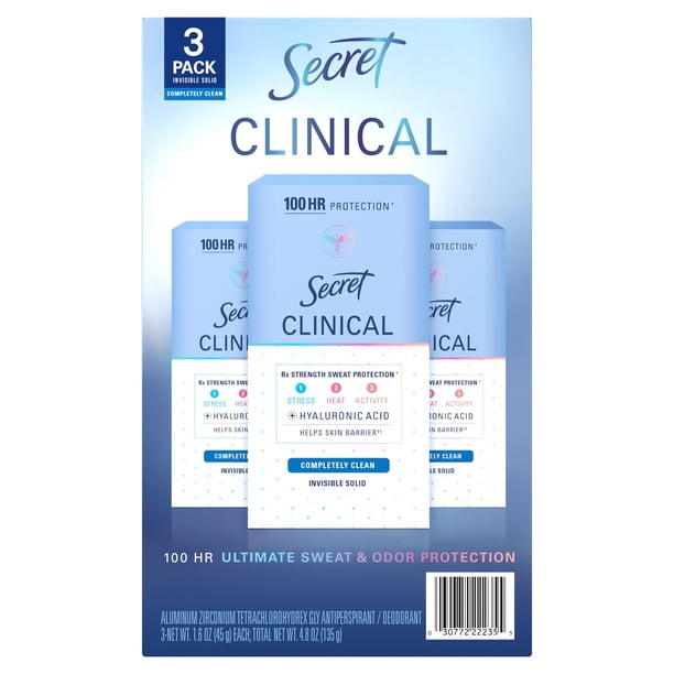 Secret Clinical Strength Invisible Solid Antiperspirant Deodorant, Completely Clean, 1.6 oz -3 Pack
