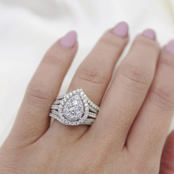 CT Round Cut Pear Shape Halo Diamond Ring Band Set in