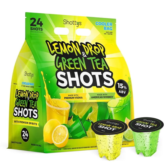 Shottys Green Tea Whiskey and Lemon Drop Vodka Cocktail Shots, 50 ml, 24 pk.