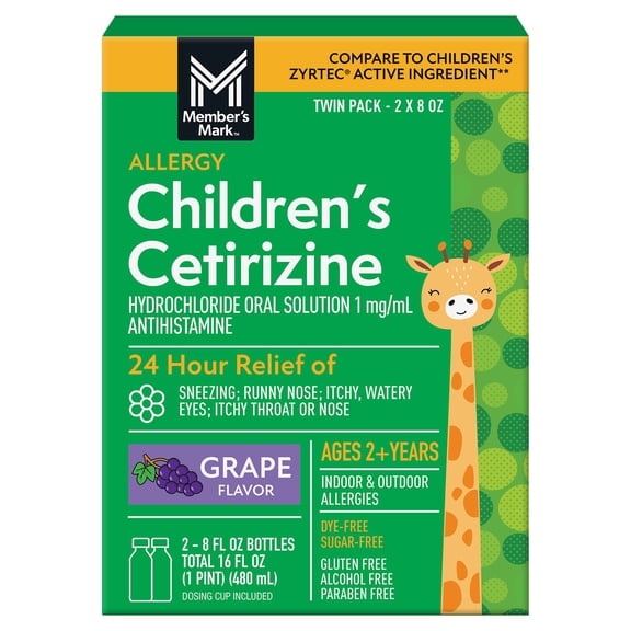 Member's Mark Children's Cetirizine Hydrochloride All Day Allergy Oral Solution, Grape Flavored, 8 fl. oz., 2 pk.