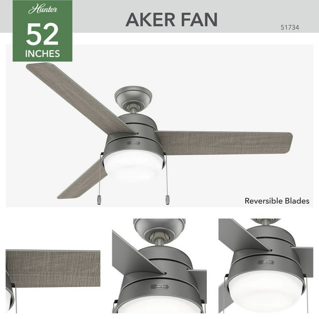 Hunter 52" Aker Indoor/Outdoor Rated Ceiling Fan with LED Light Kit and Pull Chain, Assorted Colors