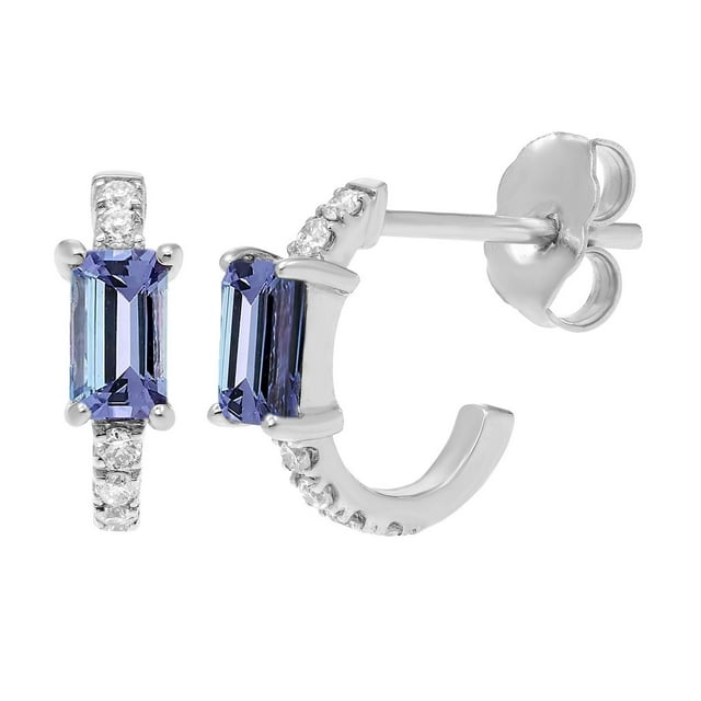 Emerald Cut Gemstone & 0.12 CT. TW Diamond Stud Earrings in 14K Gold