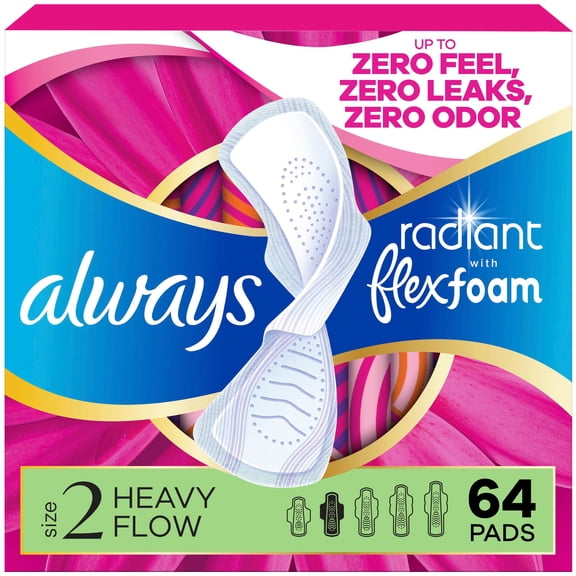 Always Radiant FlexFoam Heavy Flow Pads, Scented, Size 2, 64 ct.