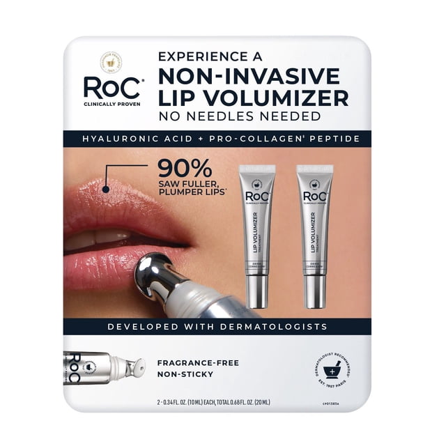 roc derm correxion lip volumizer duo, .34 fl. oz., 2 pk. front-facing retail card showing two silver RoC squeeze tubes (two .34 fl. oz. full-size lip volumizers) with a close-up of glossy plumped lips and a silver applicator; lists hyaluronic acid + pro-collagen peptide, developed with dermatologists, fragrance-free and non-sticky.