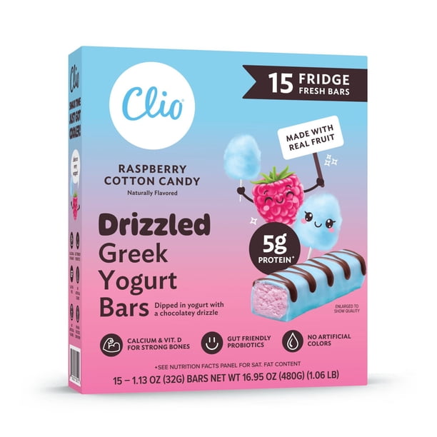 Clio Raspberry Cotton Candy Drizzled Greek Yogurt Bars, 15 ct