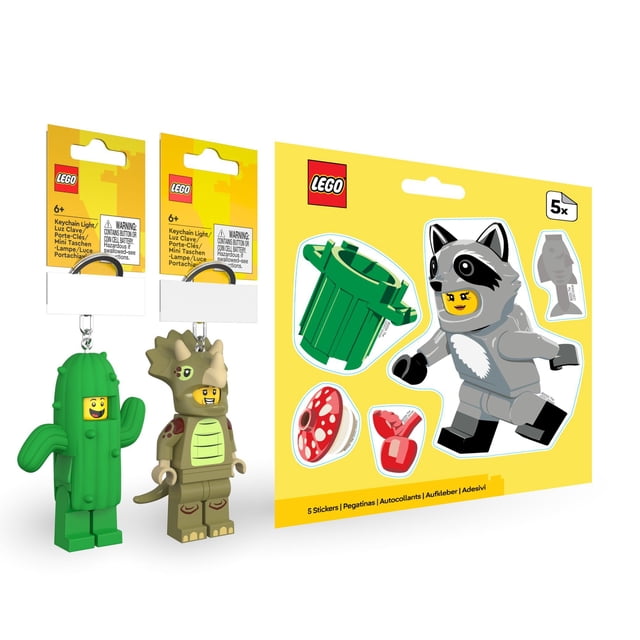 LEGO Cactus & Triceratops Keychain Lights + Raccoon Sticker