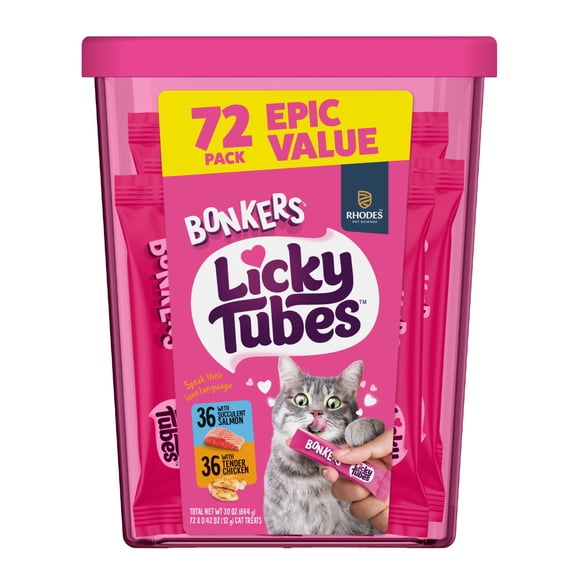BONKERS Licky Tubes Chicken and Salmon Flavored Wet Cat Treats, 72 Pieces