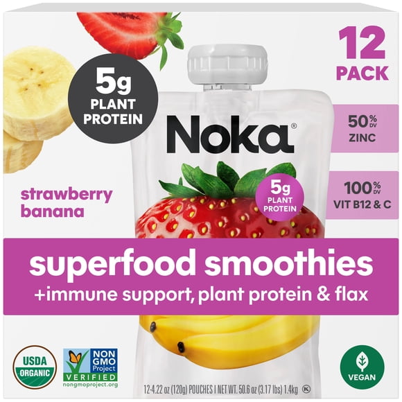 Noka Organic Plant Protein Smoothie Pouches, Strawberry Banana, 4.22 oz., 12 ct.