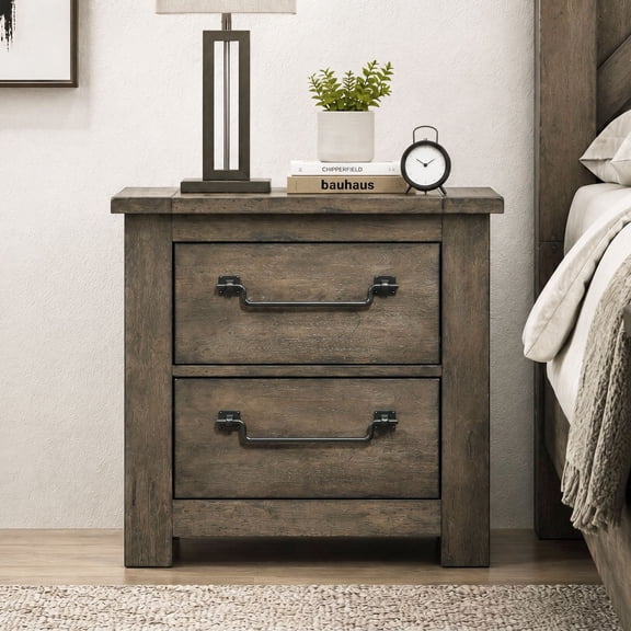 Memphis 2-Drawer Rubberwood Nightstand with USB, Antique Grey