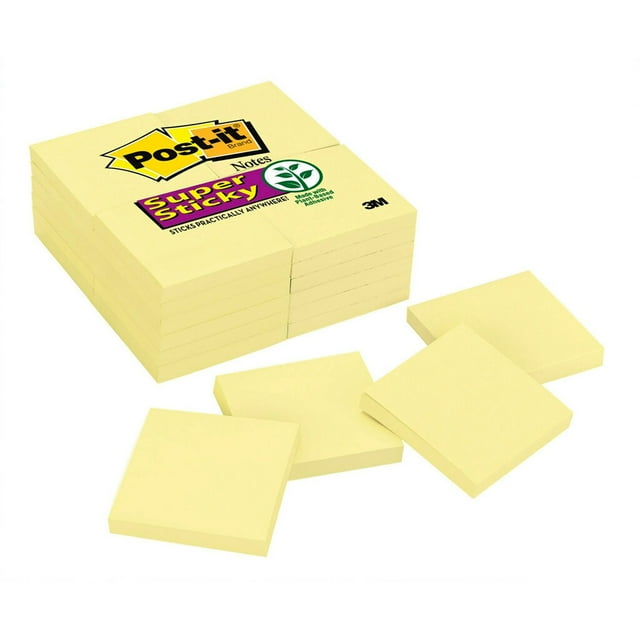 Post-it Super Sticky Notes, 3 in. x 3 in., Canary Yellow, 24 Pads/Pack
