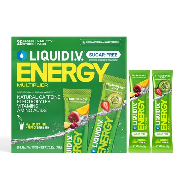 Liquid I.V. Sugar-Free Hydration + Energy Electrolyte Powder Drink Mix, Fruit Punch & Strawberry Kiwi Variety Pack, 26 pk.