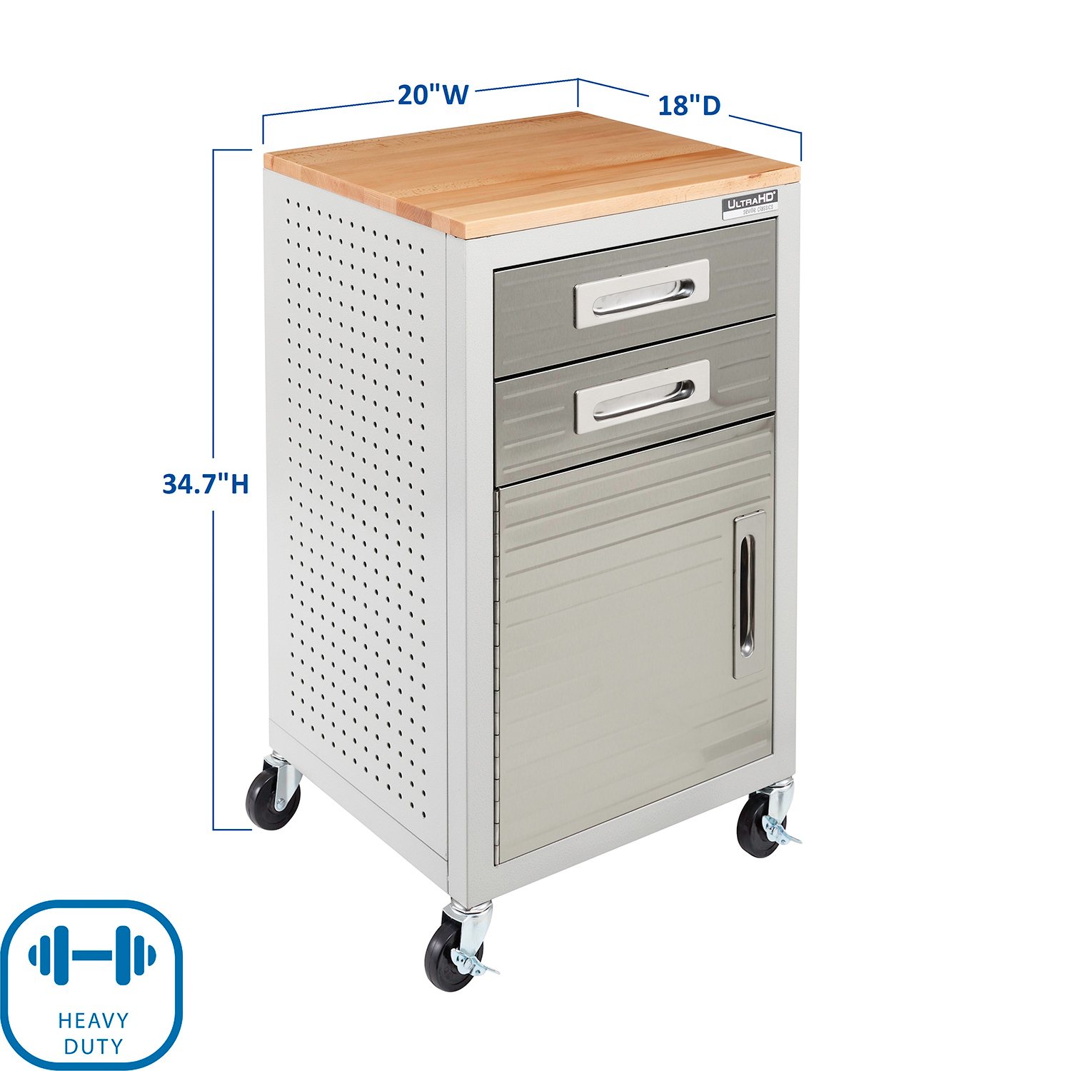 Product with dimensions overlay showing 20W x 18D and 34.7H, rolling storage cabinet