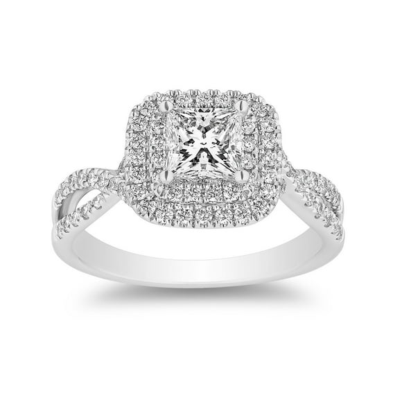 1.21 CT. T.W. Princess Cut Diamond Double Halo Ring in 18K Gold