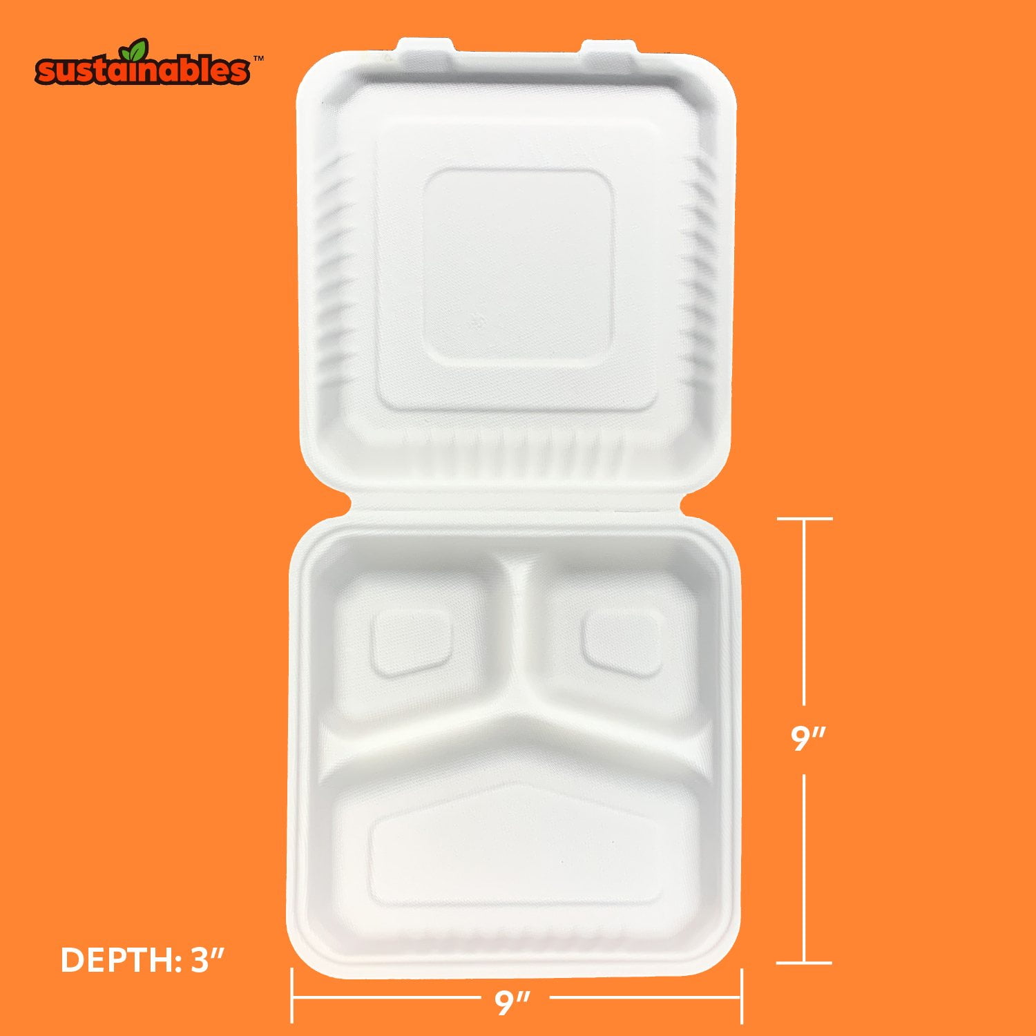 Kanak Sustainables™ 3 Compartment Hinged Lid To Go Food Container