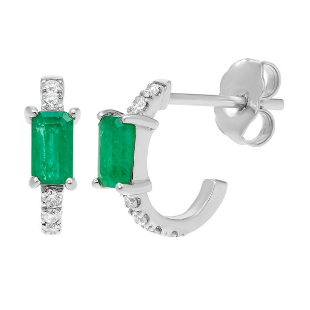 Emerald Cut Gemstone & 0.12 CT. TW Diamond Stud Earrings in 14K Gold