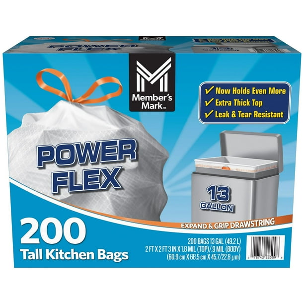 Member's Mark Power Flex 13-Gallon Tall Kitchen Trash Bags, 200 ct