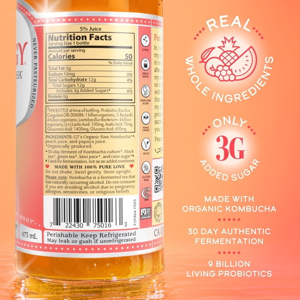 SYNERGY The Real Kombucha, Peach Paradise, 16 fl. oz., 6 pk