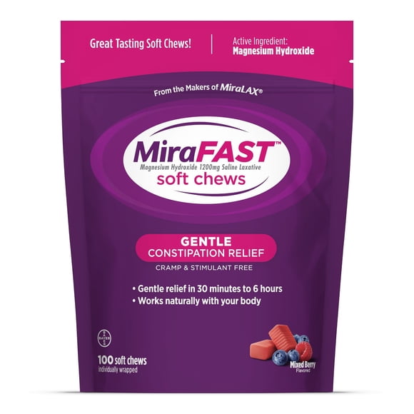 MiraFAST Soft Chews, Gentle Constipation Relief for Kids & Adults, Mixed Berry Flavor, 100 ct.
