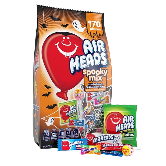 Airheads, Airheads Bites, Airheads Xtremes Bites, Mentos Chewy Mints & Chupa Chups Assorted Lollipops Halloween Variety Mix, 170 Count Stand‑Up Bag