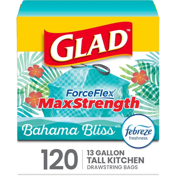 Glad ForceFlex MaxStrength 13-Gallon Kitchen Drawstring Trash Bags, Bahama Bliss + Febreze, Teal, 120 ct.