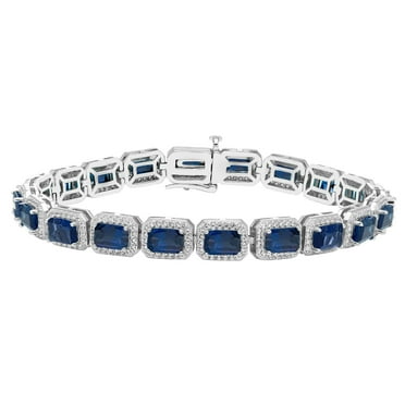 Emerald Cut Lab Created Gemstone Halo Tennis Bracelet in Sterling Silver