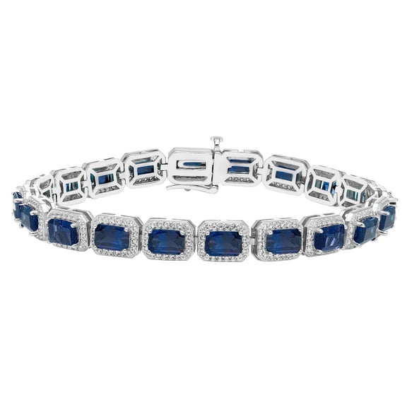 Emerald Cut Lab Created Gemstone Halo Tennis Bracelet in Sterling Silver