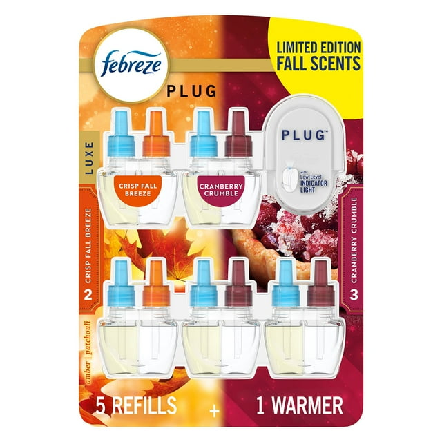 Febreze PLUG Air Freshener, Cranberry Crumble & Crisp Fall Breeze, 1 Warmer + 5 Refills, 4.35 fl. oz.