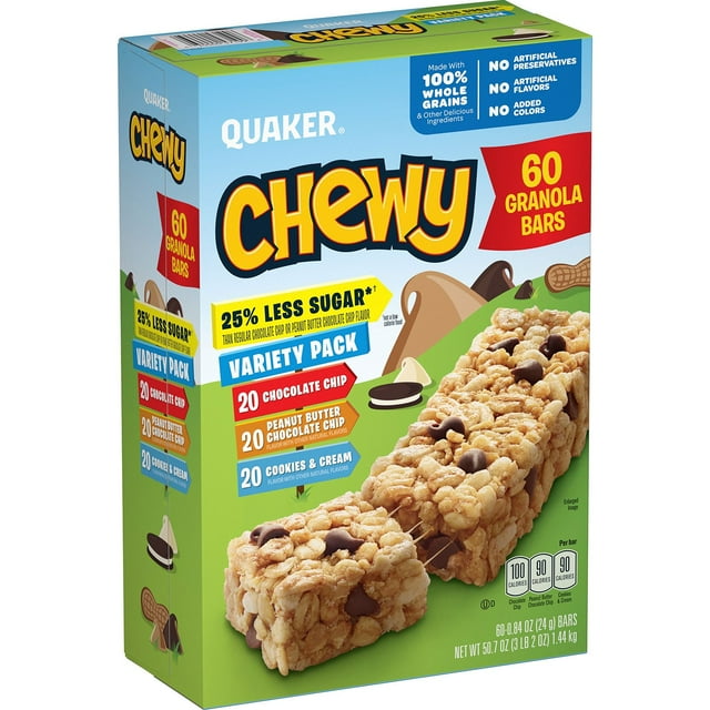 Quaker Chewy Granola Bars Reduced Sugar, Variety Pack (60 pk ...