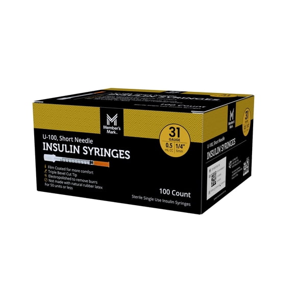 Member's Mark Insulin Syringes, .5mL 31G x 1/4" (6mm), 100 ct.