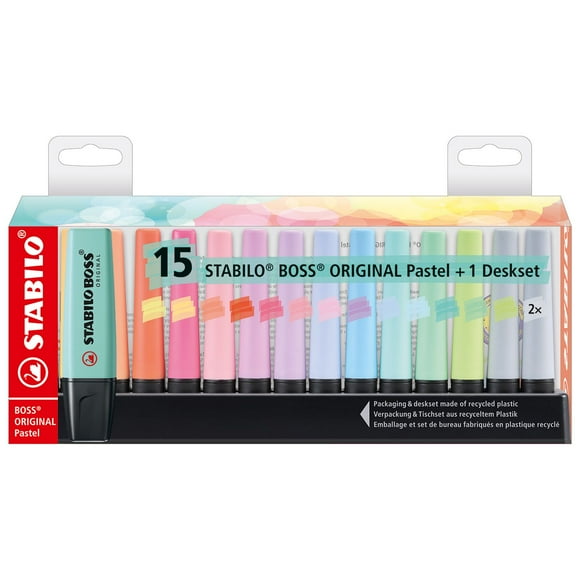 STABILO BOSS ORIGINAL Highlighters Set, 15-piece Pastel Desk Set