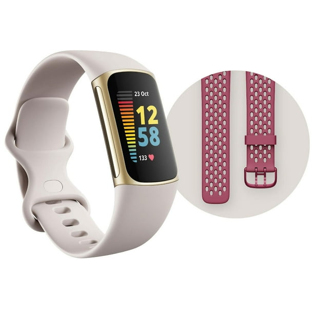 Fitbit Charge 5 Advanced Fitness and Health Tracker with Built-in GPS,  Stress Management Tools and 24/7 Heart Rate Bundle, Lunar White, One Size  (Bonus Band Included)