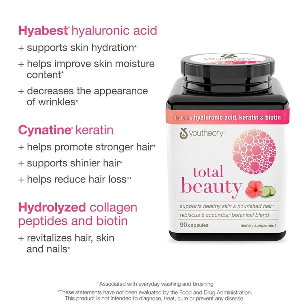 Youtheory Total Beauty Hyaluronic Acid, Keratin & Biotin Capsules