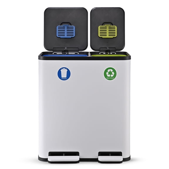Simpli-Magic 18.5 Gallon (40L x 30L) Dual Compartment Step Trash Can – Kitchen Garbage Can with Waste & Recycling Bins – Slow-Close Lid, Odor Control, Hands-Free