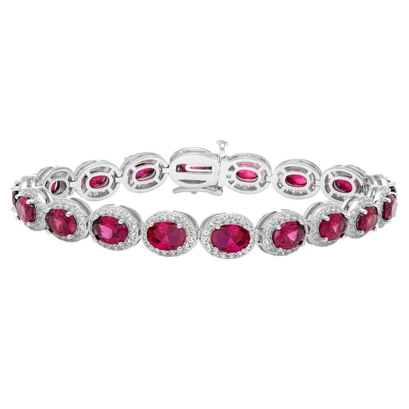 Oval Cut Gemstone Halo Tennis Bracelet in Sterling Silver
