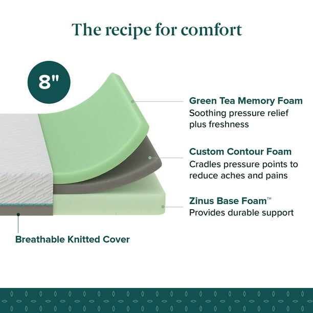 ZINUS Materasso in memory foam con gel ultra rinfrescante al tè verde