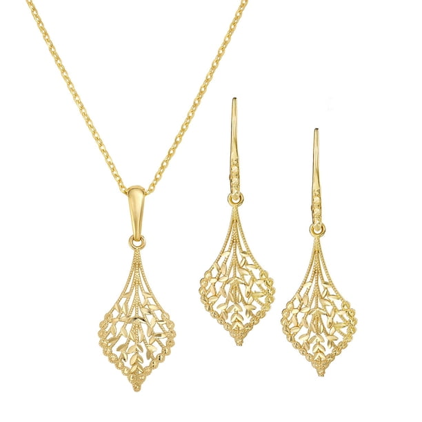 Yellow Gold Tear Drop Lever Earring and Pendant Set in 14K 