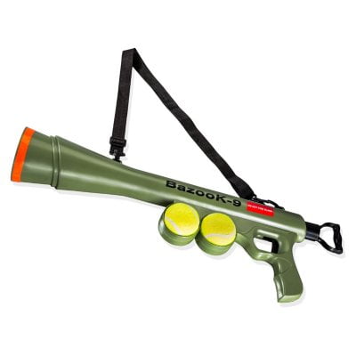 OxGord BazooK-9 Tennis Ball Launcher Bundle (Two Squeaky Ball Dog Toys and Launcher Shoulder Strap)