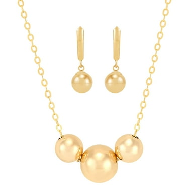 Three Bead Pendant Necklace and Drop Earrings Set in 14K Gold