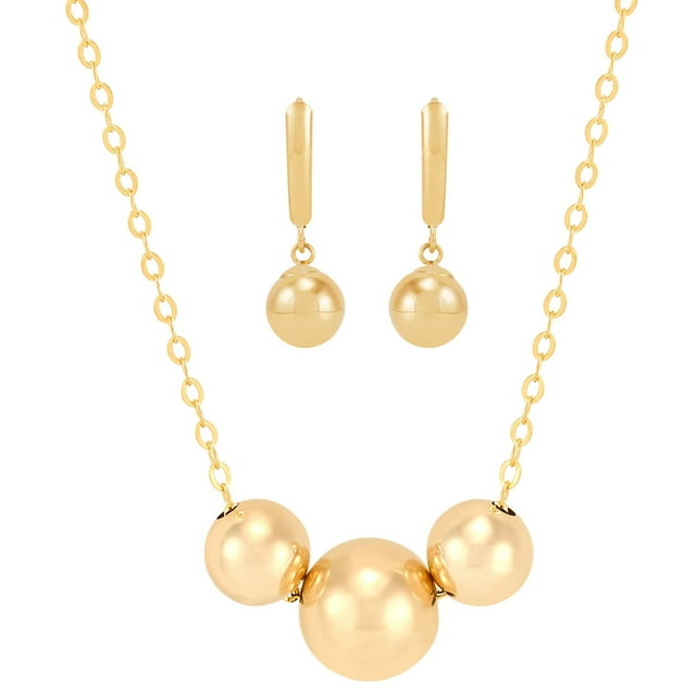 Three Bead Pendant Necklace and Drop Earrings Set in 14K Gold