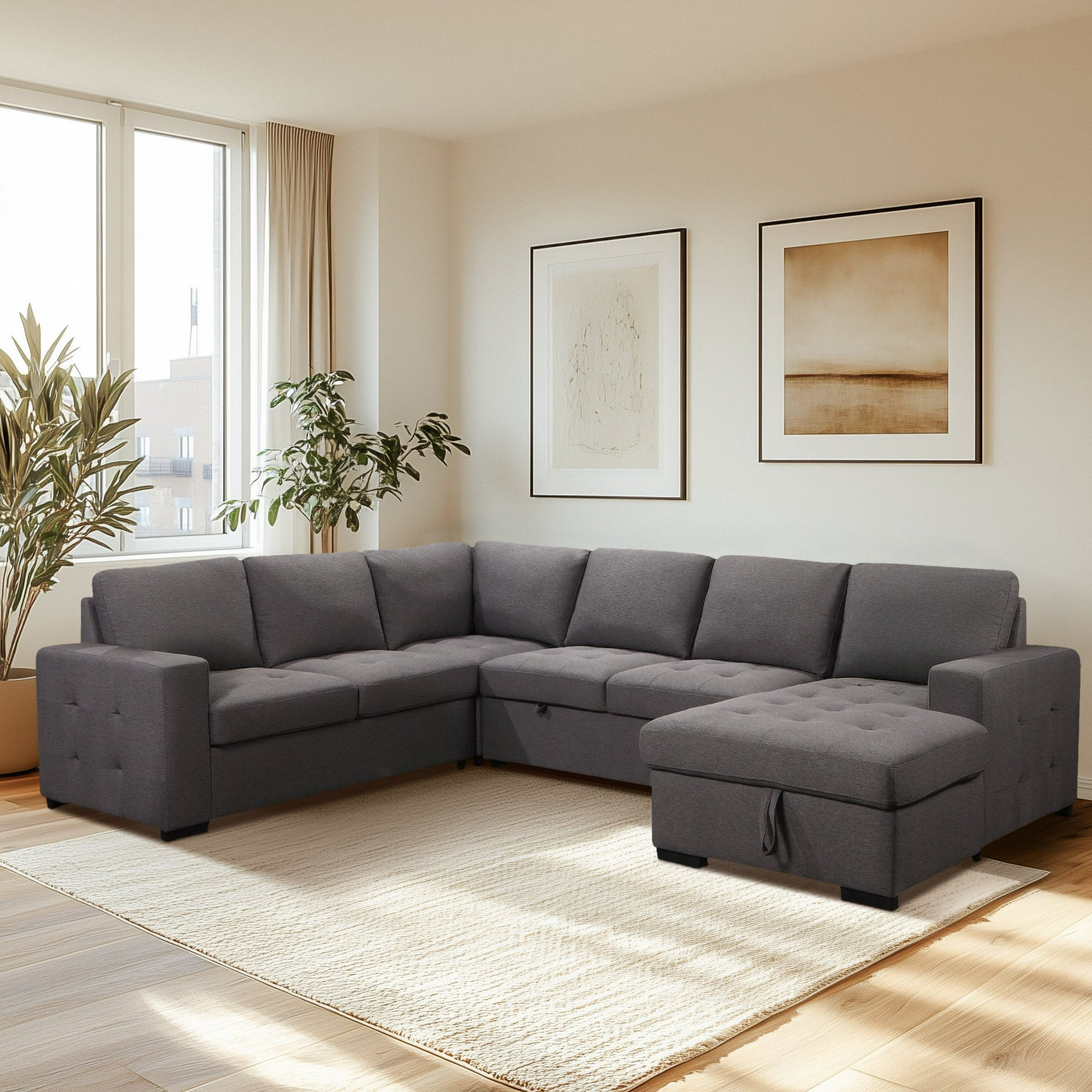 Dylan Stain-Resistant 6 Seater Sectional Sofa with Storage and Pullout Bed