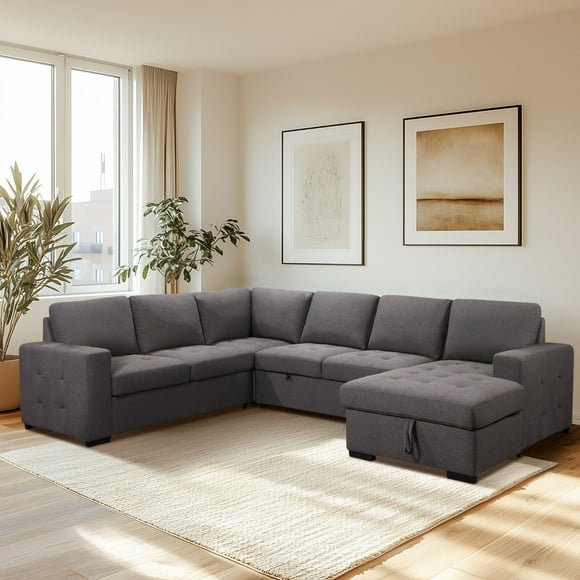 Dylan Stain-Resistant Fabric 6 Seat Storage Sectional With Pullout Bed