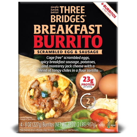 Three Bridges Egg and Sausage Breakfast Burrito, 8 oz., 4 ct.