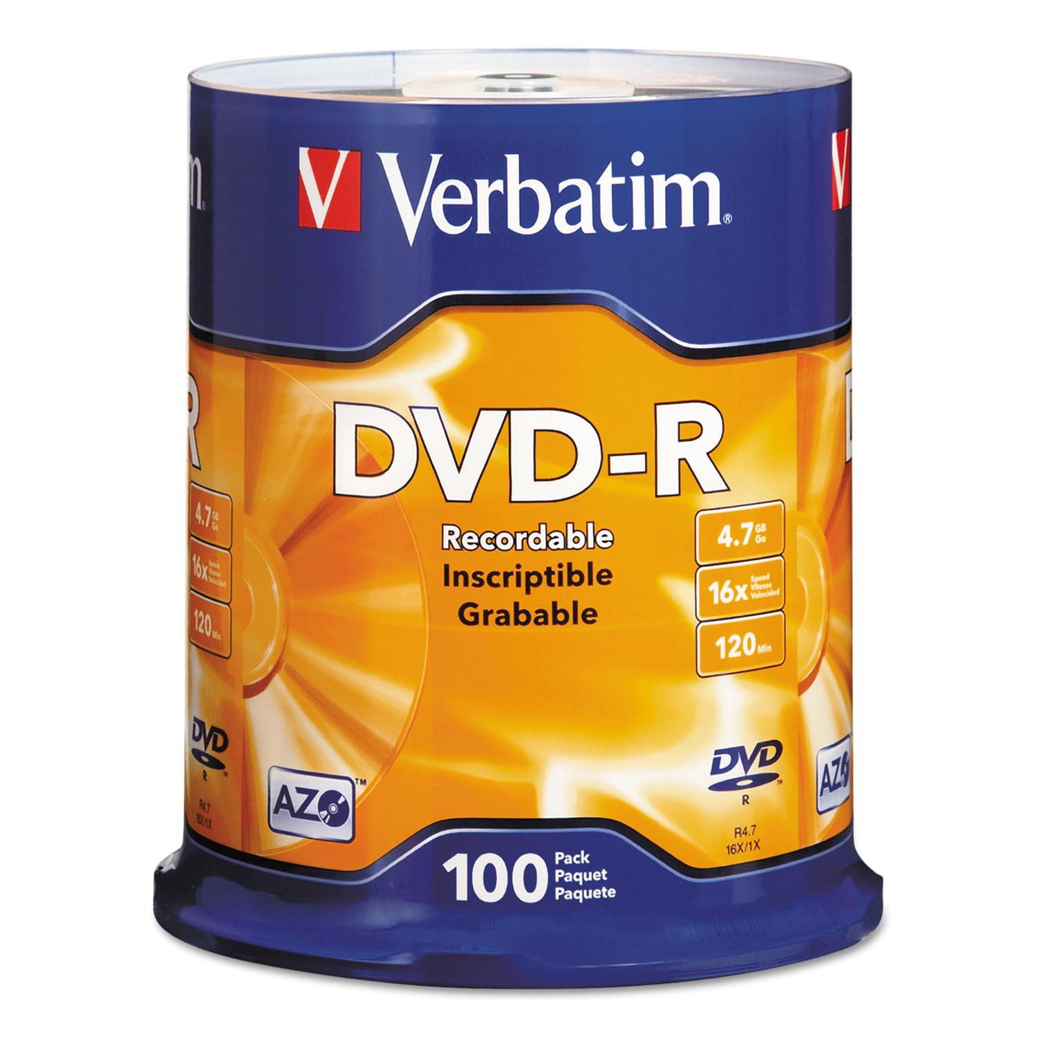 Verbatim DVD-R Discs, 4.7GB, 16x, Spindle, Silver (100 ct
