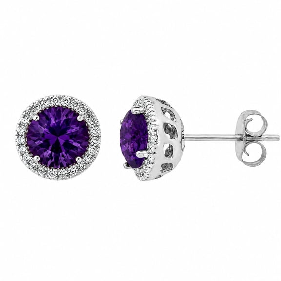 Round Cut Gemstone & 0.13 CT. T.W. Halo Diamond Stud Earrings in 14K Gold