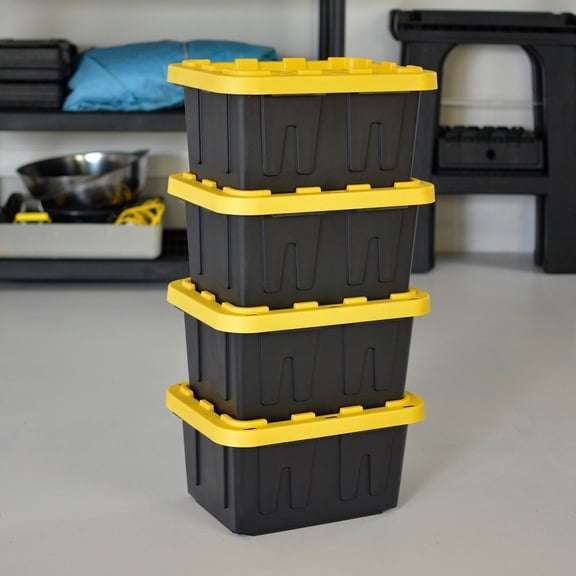 Member's Mark 5 Gallon Heavy-Duty Black and Yellow Storage Tote, 12.3" D x 16.4" W x 8.6" H, 4 pack