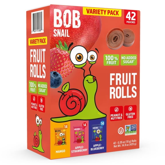 Bob Snail Fruit Rolls Variety Pack, Mango, Apple-Strawberry, Apple-Blueberry, 0.35 oz., 42 pk.