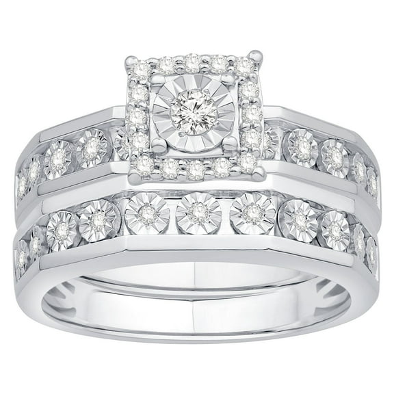 0.26 CT. T.W. Princess Cut Halo Diamond Ring & Band Set in 14K Gold
