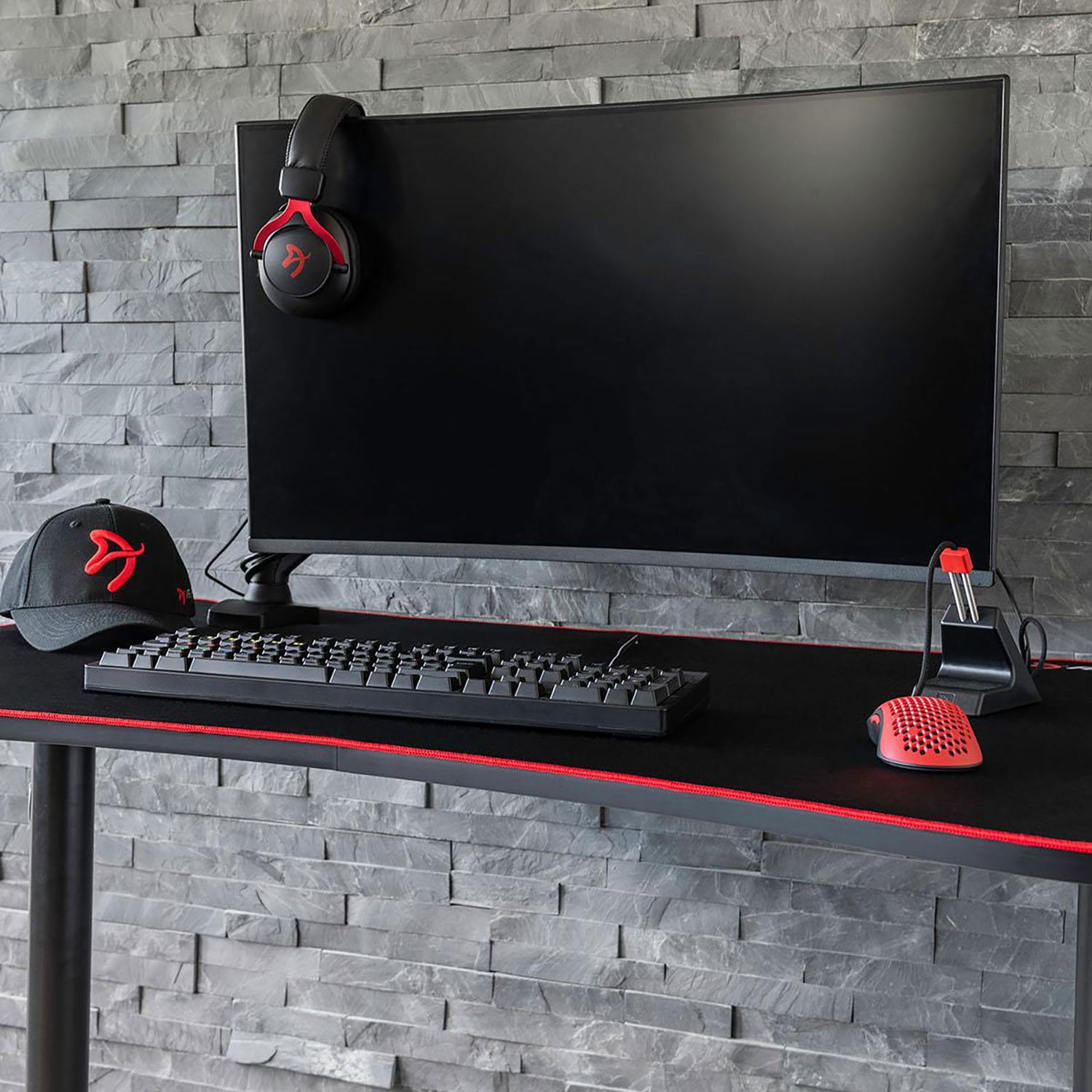 Arozzi Arena Fratello Curved Gaming and Office Desk with Full Surface Water Resistant Desk Mat Custom Monitor Mount Cable Management Cut Outs Under Th